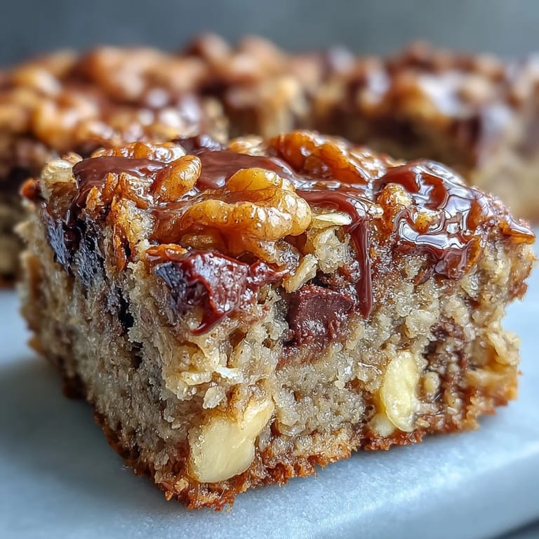 Soft, chewy baked oatmeal bars with banana and maple syrup on a plate.