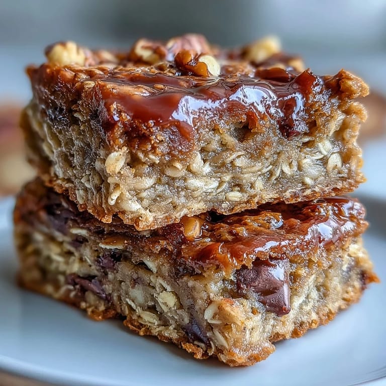 Freshly baked oatmeal bars with sliced bananas and nuts on a white marble countertop.
