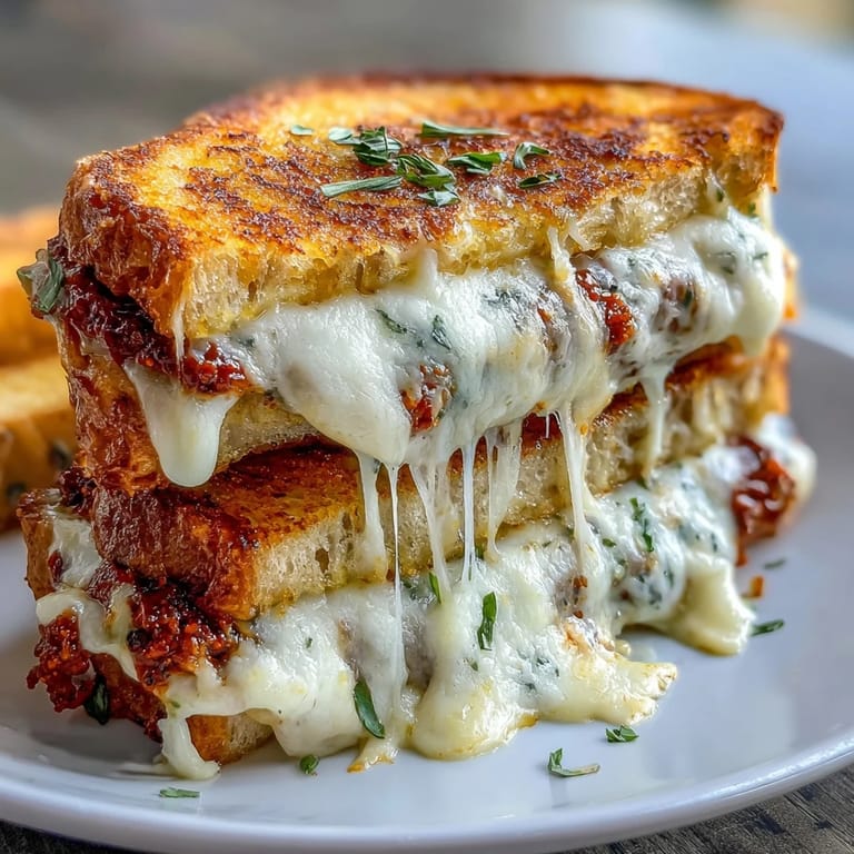 Buttery, crispy slices of Sun-Dried Tomato Pesto Grilled Cheese stacked high on a rustic wooden cutting board.