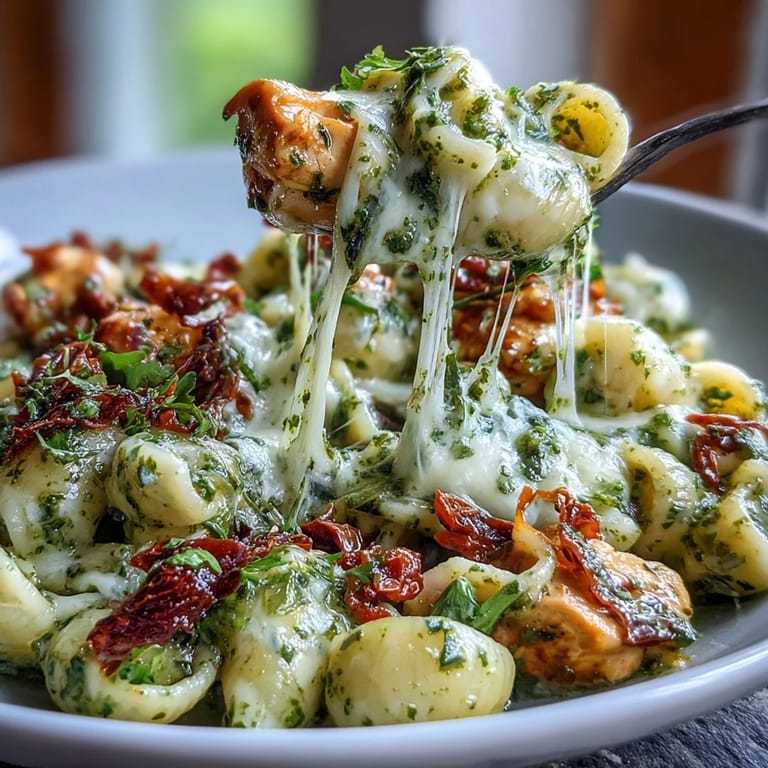 A serving of Pesto Chicken Chili Mac topped with melted mozzarella and fresh basil leaves.