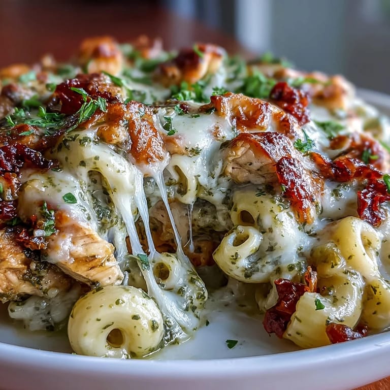 Tender chicken and pasta shells simmered in Pesto Chicken Chili Mac, garnished with fresh basil.