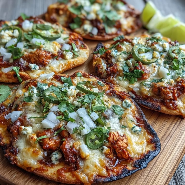 Four bubbling Garlic Naan Chicken Enchilada Pizzas featuring shredded chicken and red sauce, served on a wooden cutting board with lime wedges.