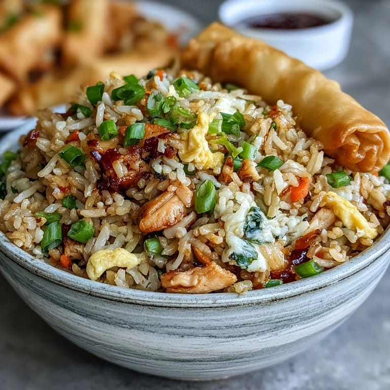 Wok-sizzling Egg Roll Fried Rice with Chicken features scrambled eggs, colorful cabbage, and carrots mixed into fluffy, seasoned rice.