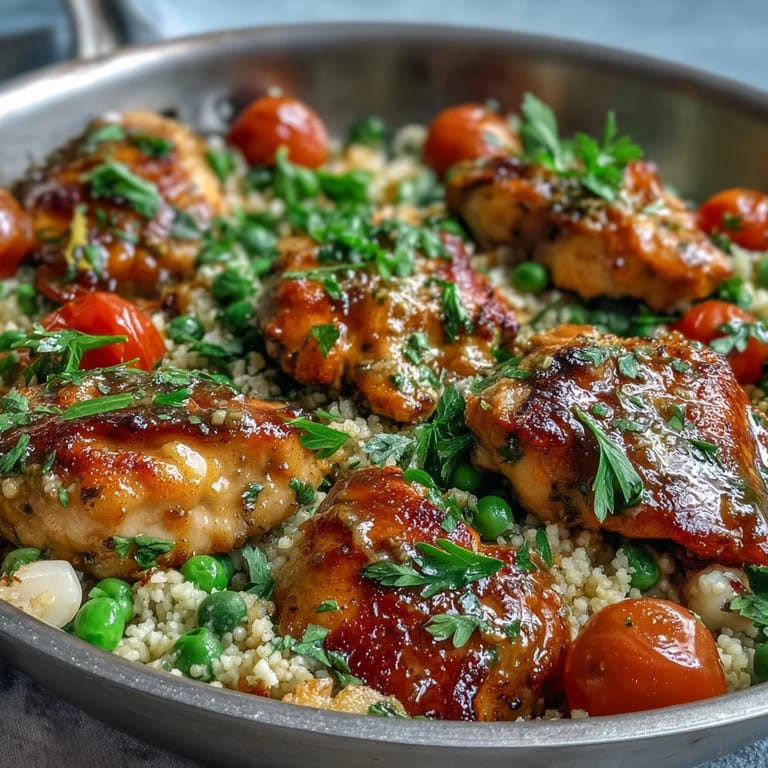 A fork lifts tender chicken from savory couscous soaked in garlic butter pan juices, served hot for dinner.