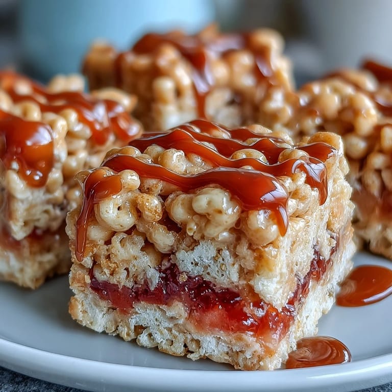 A hand lifts a square of High-Protein PB&J Rice Krispie Bars, revealing a chewy, crispy texture speckled with cereal.
