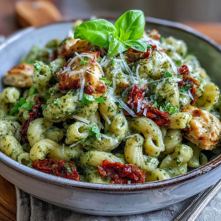 Close-up of Pesto Chicken Chili Mac with creamy pesto sauce and savory Parmesan in a pot.