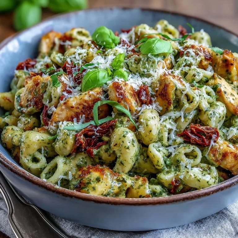 A rich serving of Pesto Chicken Chili Mac garnished with fresh basil and sun-dried tomatoes.