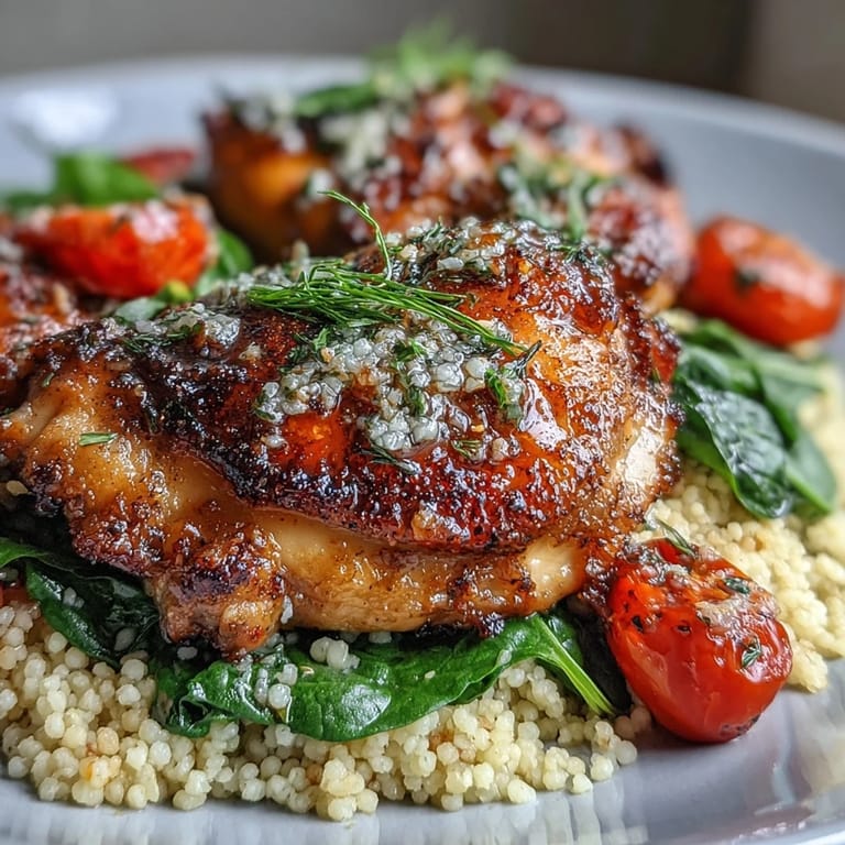 A one-pan garlic butter chicken couscous meal garnished with fresh parsley and served with bright lemon wedges.
