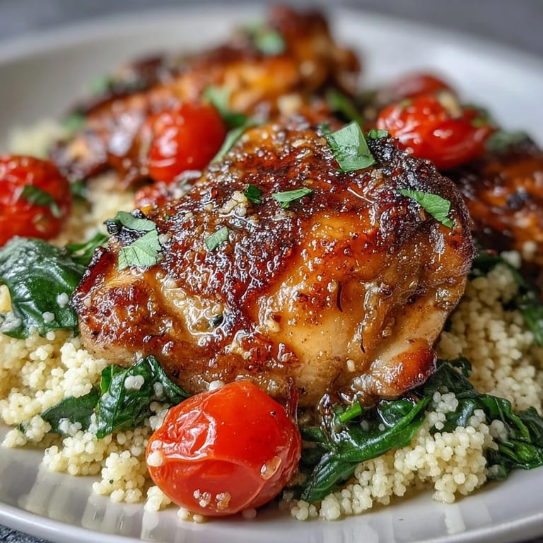 Steam rises from tender garlic butter chicken couscous, featuring juicy thighs, vibrant cherry tomatoes, and a simple lemon garnish.