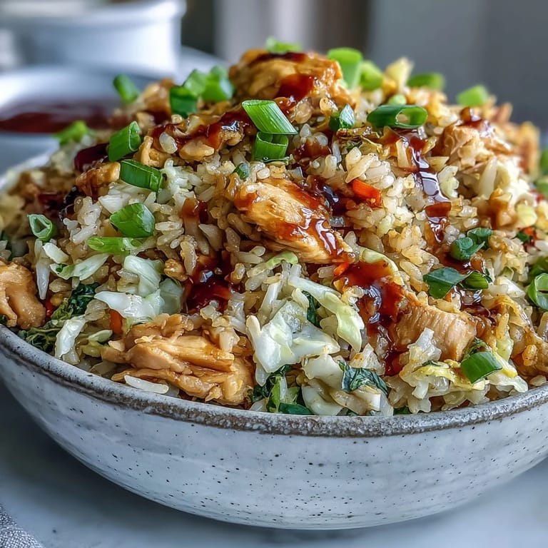 Colorful plate of Egg Roll Fried Rice with Chicken served on a white dish, garnished with fresh green onions and sesame seeds.