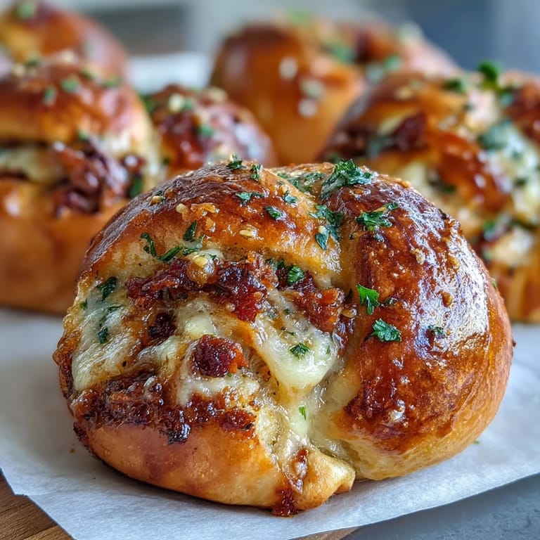 Twisted golden knots of Pizza Roll Stuffed Garlic Knots paired with a small bowl of warm marinara for dipping.