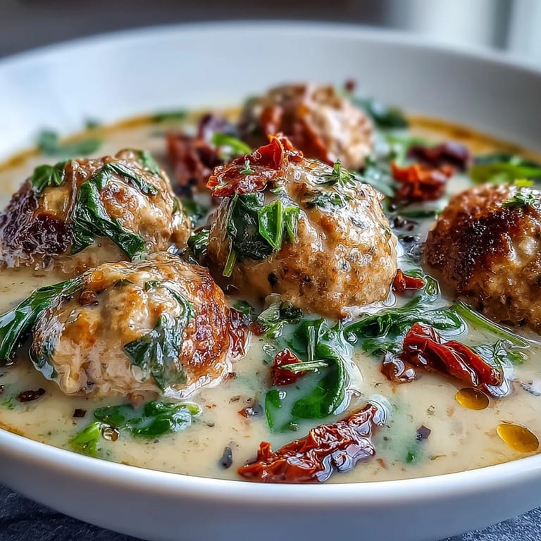 Rich Creamy Tuscan Turkey Meatball Soup with tender meatballs, vibrant spinach, and sun-dried tomatoes on a rustic wooden table.