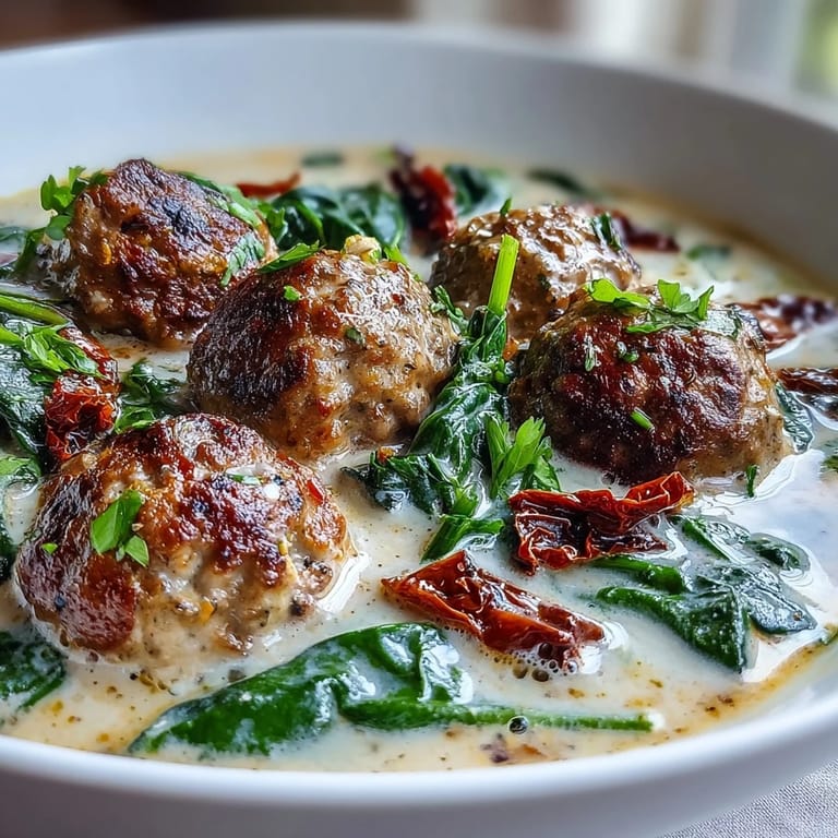 Italian-inspired Creamy Tuscan Turkey Meatball Soup paired with crusty bread for dipping, served alongside a glass of white wine.