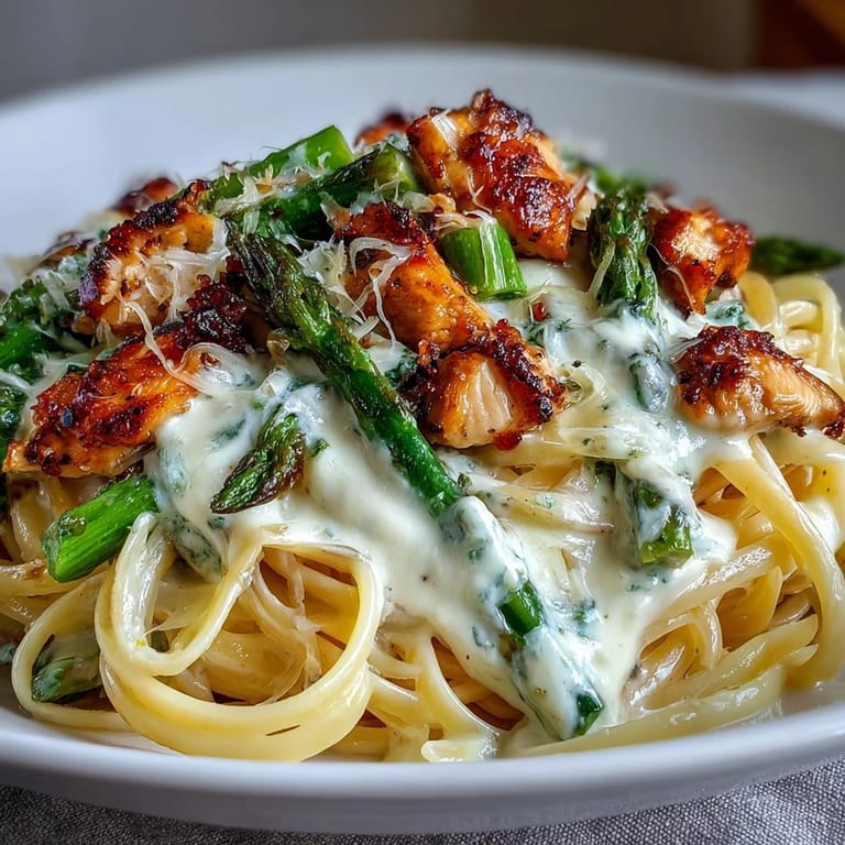A steaming forkful of creamy Asiago chicken pasta lifts from the plate, steam rising.