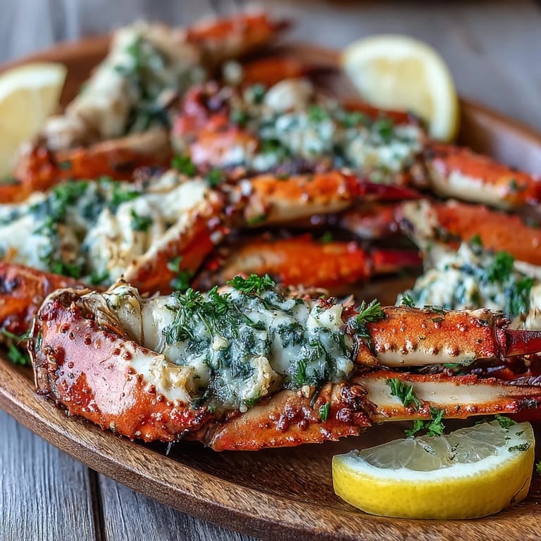 Golden-baked Keto Garlic Butter Crab Legs glistening with garlic butter and fresh parsley on a platter, with lemon wedges on the side for a bright squeeze.