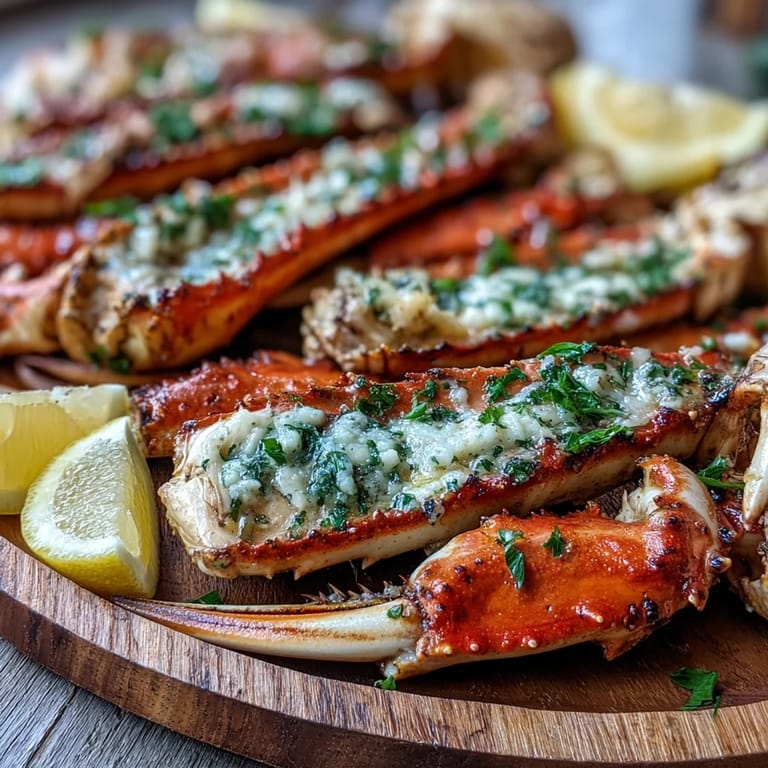 Close-up view of Keto Garlic Butter Crab Legs dripping in rich butter sauce, garnished with parsley and served next to vibrant lemon wedges on a platter.