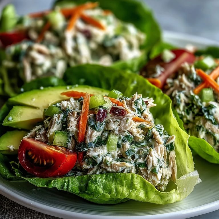 Freshly made High-Protein Tuna Salad Lettuce Cups garnished with parsley and lemon, served as a light low-carb lunch. 