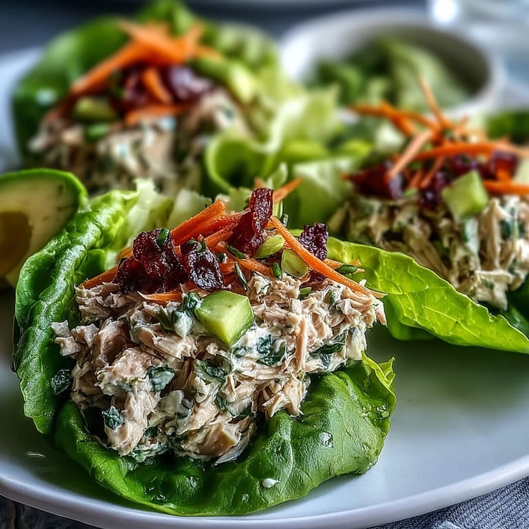 Vibrant High-Protein Tuna Salad Lettuce Cups plated with shredded carrots and tomatoes, perfect for a healthy gluten-free meal.