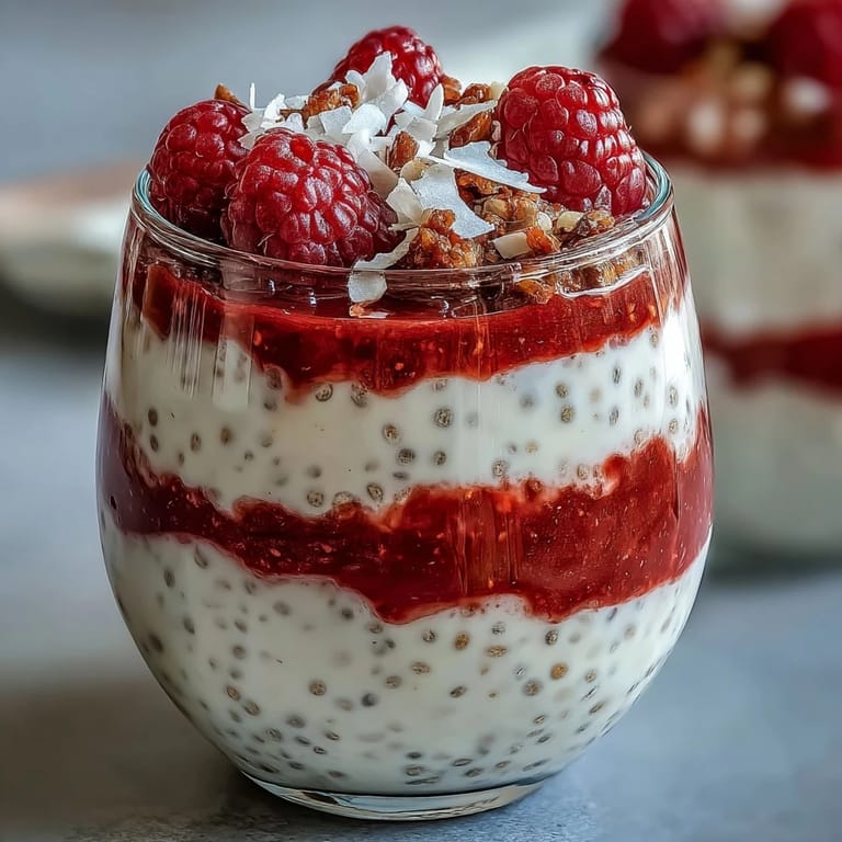 Four parfait glasses filled with creamy Vegan Raspberry Coconut Chia Parfaits, featuring layers of purple raspberry purée and white chia pudding, topped with fresh berries and coconut flakes. 
