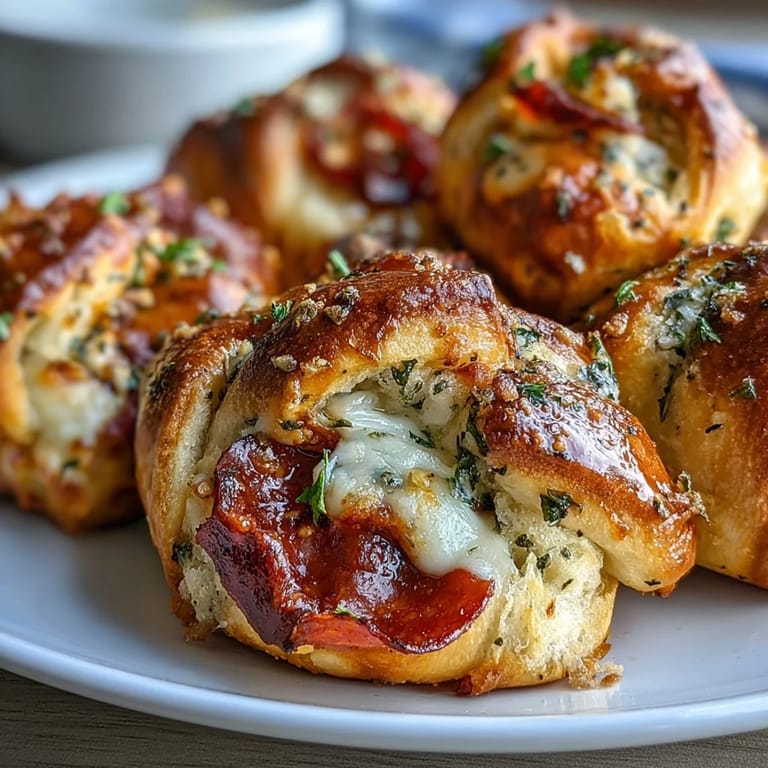 Twisted golden knots of Pizza Roll Stuffed Garlic Knots paired with a small bowl of warm marinara for dipping.