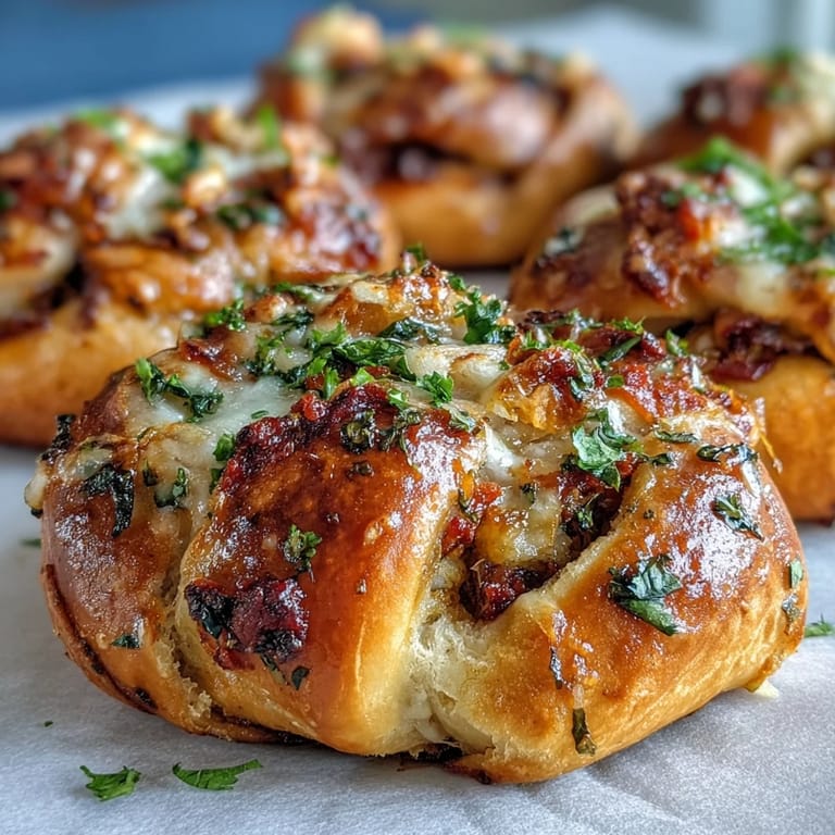 Serving tray of hot Pizza Roll Stuffed Garlic Knots topped with fresh parsley, perfect as a game-day appetizer.