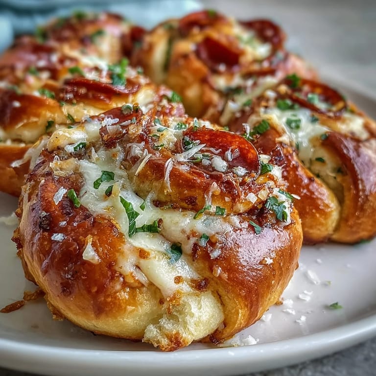 Freshly baked Pizza Roll Stuffed Garlic Knots arranged on a wooden board with warm marinara for dipping.