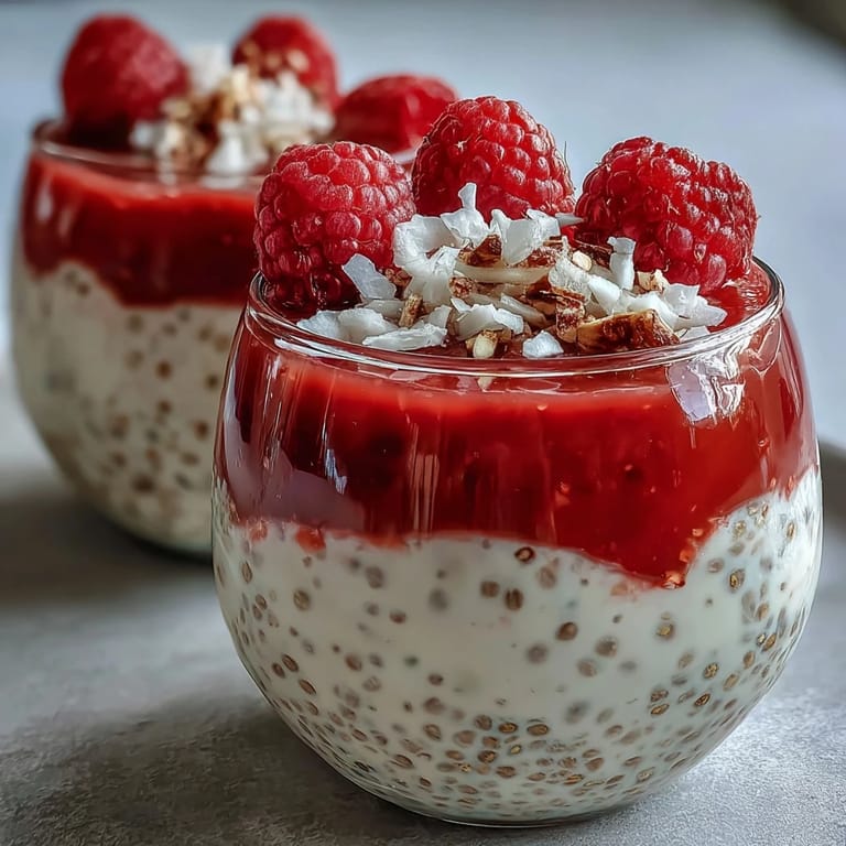 A top-down view of Vegan Raspberry Coconut Chia Parfaits in clear jars, garnished with chopped pistachios and fresh mint leaves for a healthy breakfast or dessert. 