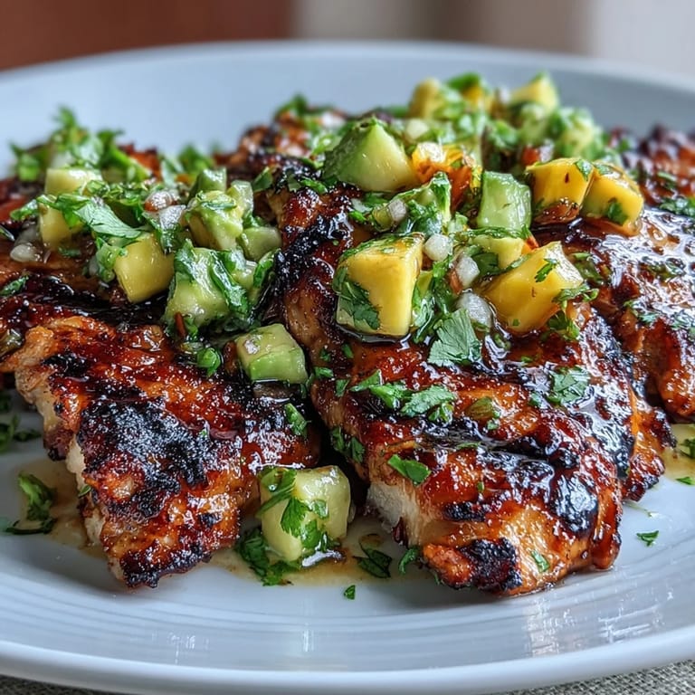 Succulent grilled chicken breasts paired with a colorful mango avocado salsa, garnished with lime wedges and a sprinkle of fresh herbs.