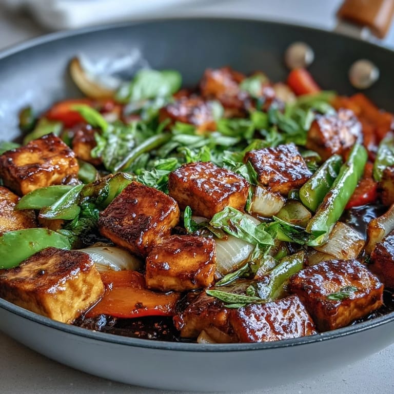 Golden tofu cubes and vibrant veggies sizzle in a spicy-sweet Thai basil sauce, served over jasmine rice.  