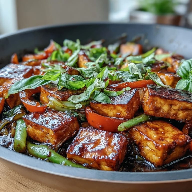 Healthy plant-based Thai basil tofu stir-fry with crisp bell peppers, snap peas, and fragrant fresh herbs.