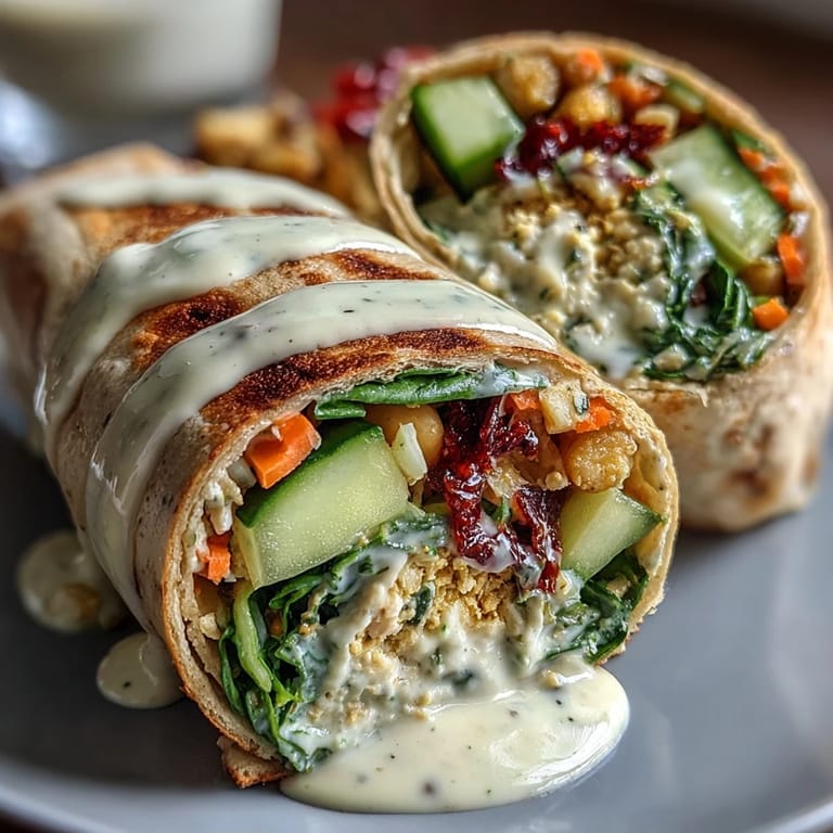Creamy lemon-tahini chickpea filling with crunchy cucumber, carrot, and spinach wrapped in whole wheat for a satisfying vegan lunch.