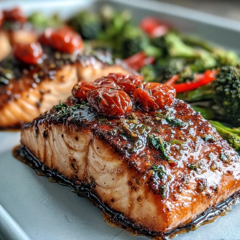 Healthy one-pan Dijon salmon dinner with flaky fish and caramelized vegetables, drizzled with a zesty mustard-lemon glaze for vibrant flavor in every bite.