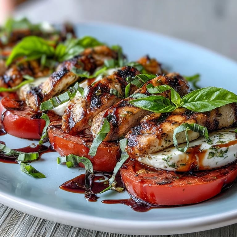 A colorful salad plate featuring tender grilled chicken, vibrant tomato slices, and soft mozzarella, accented by fresh basil leaves and a tangy balsamic reduction.