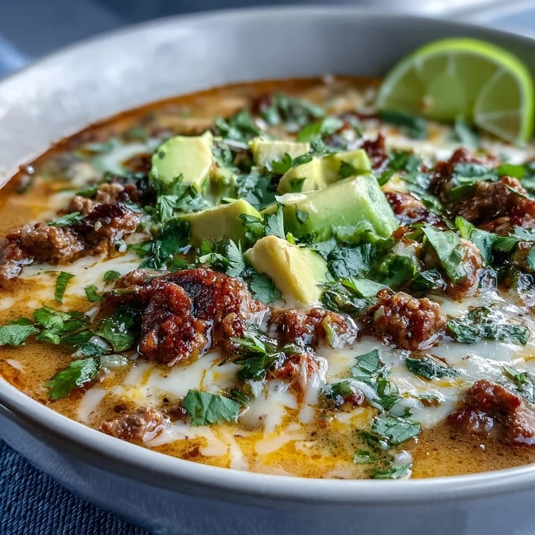 Comforting keto taco soup with ground beef, melted cheese, and avocado, perfect for a low-carb meal.
