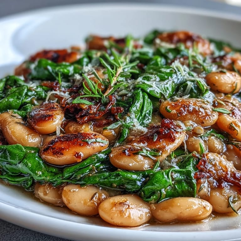 Creamy cannellini beans and fresh spinach simmer in a fragrant lemon-garlic sauce, creating a quick and satisfying one-pan dinner.  