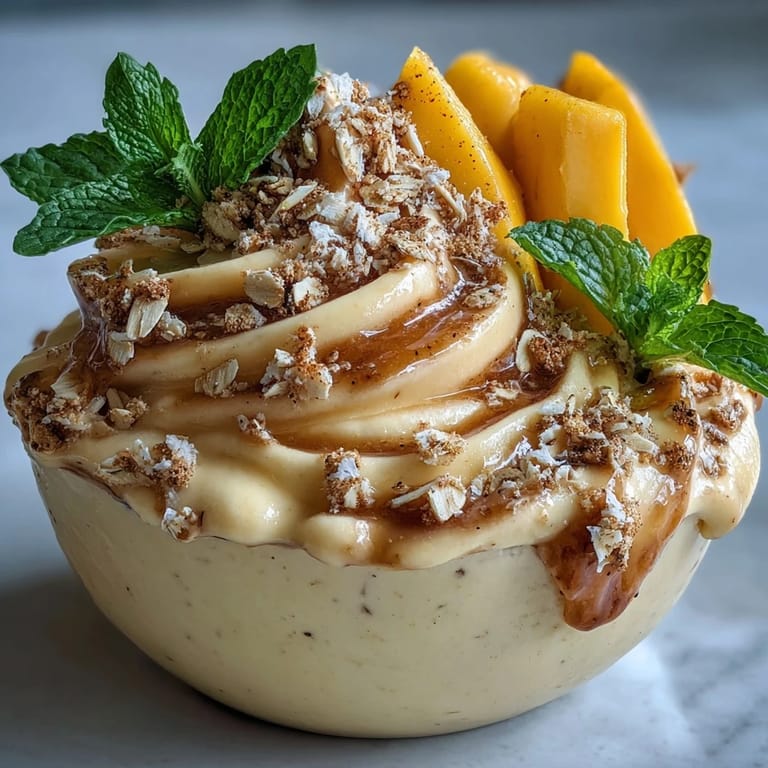 Wholesome vegan mango coconut ice cream with toasted oats, served in chilled bowls for a refreshing treat.