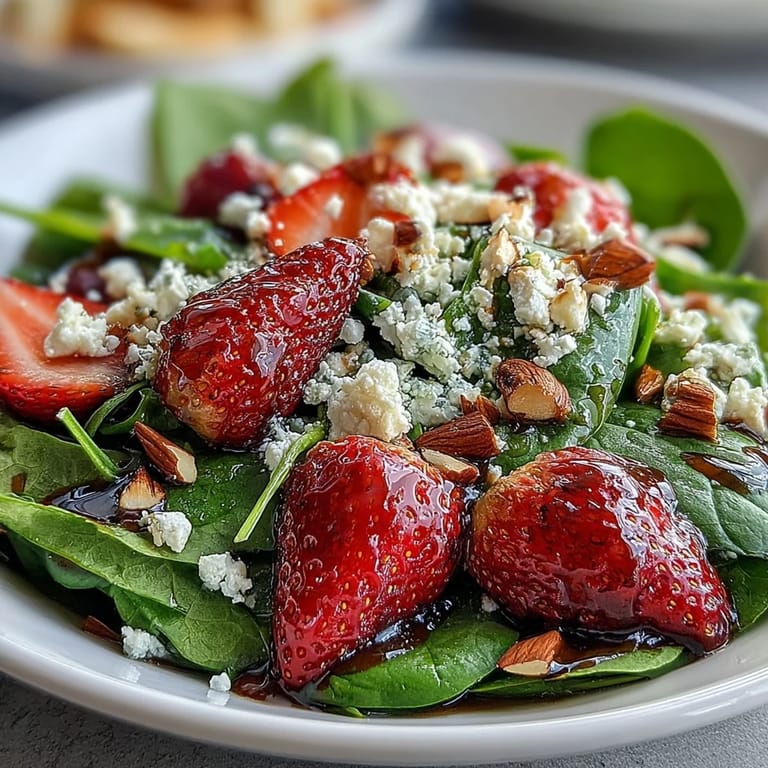 A colorful mix of baby spinach, juicy strawberries, crumbled feta, and golden toasted almonds in a light balsamic dressing.