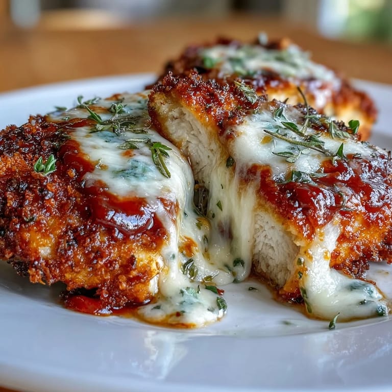 Lightened-up chicken Parmesan with gluten-free almond flour crust, served on sautéed zucchini noodles and garnished with fresh basil.
