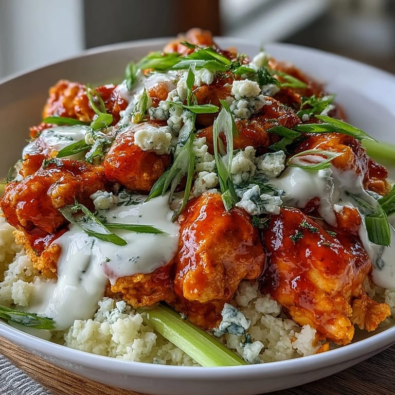 Low-carb buffalo chicken served over fluffy cauliflower rice with crunchy celery, carrots, and creamy ranch drizzle in a vibrant bowl.