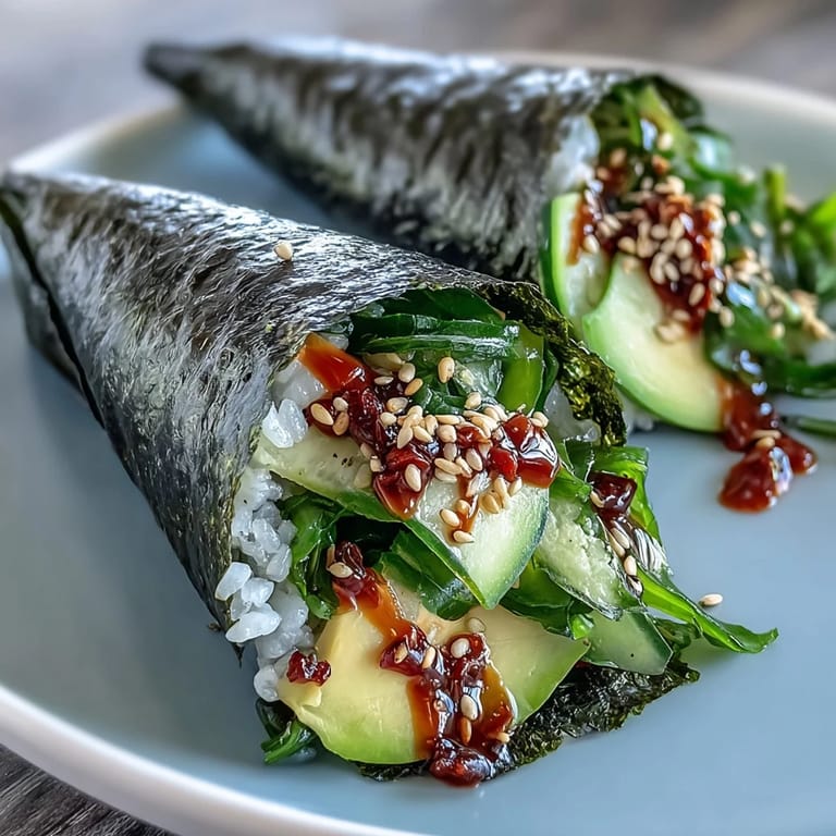 Crispy seaweed hand rolls bursting with seasoned sushi rice, savory wakame salad, and a kick of spicy mayo for a flavorful handheld treat.