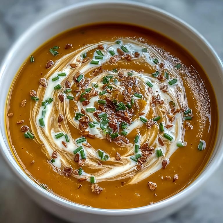 Velvety miso butternut squash soup topped with coconut cream and chives, perfect for a cozy meal.  
