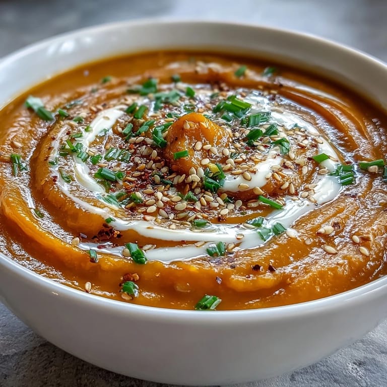 Creamy roasted butternut squash blended with miso paste, garnished with sesame seeds for a nourishing dish.