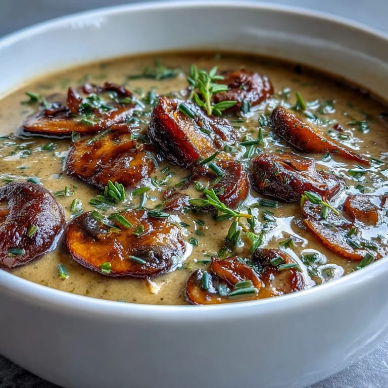 Rich Wild Mushroom Bisque blending earthy mushrooms, thyme, and sherry for a comforting, vegetarian-friendly meal with crusty bread.