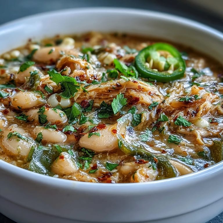 Creamy white bean chicken chili featuring juicy chicken, corn, and poblano peppers, garnished with fresh cilantro and avocado slices.