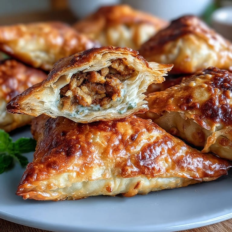Golden samosas with a flaky crust and savory vegetable filling, paired with a cooling mint chutney for dipping.  