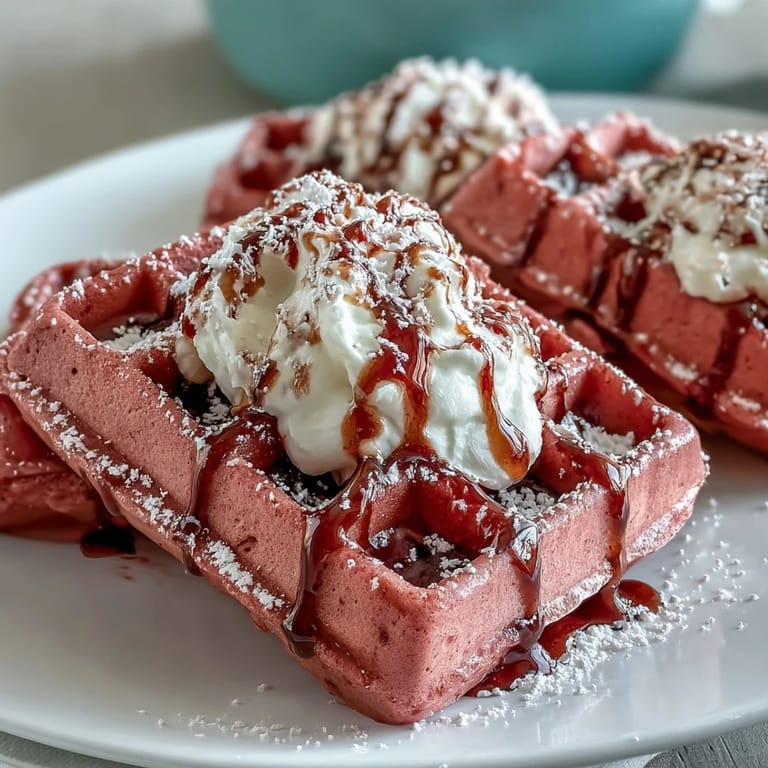 Vibrant pink waffles with cocoa undertones, served with a luscious cream cheese drizzle.  