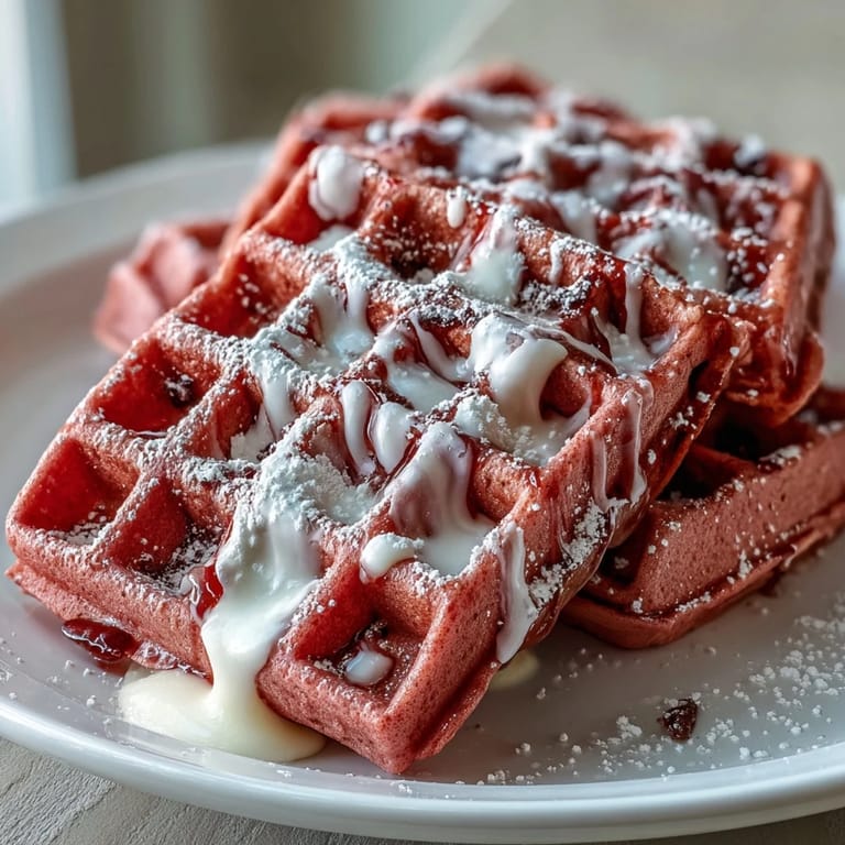 Festive pink velvet waffles drizzled with creamy cheese sauce, perfect for a Galentines celebration.