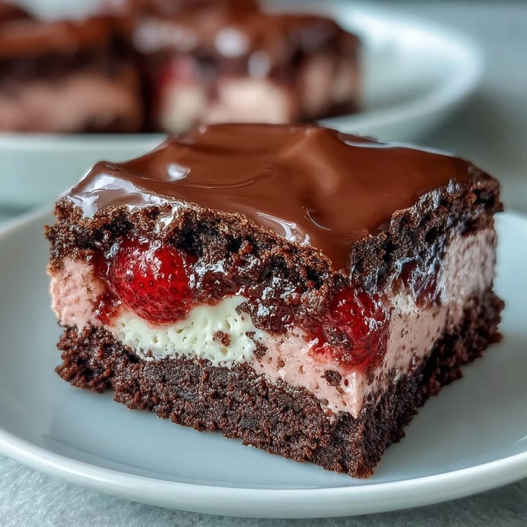 Decadent Valentine's treat featuring fudgy brownies swirled with sweet strawberry cheesecake and topped with juicy berries.  
