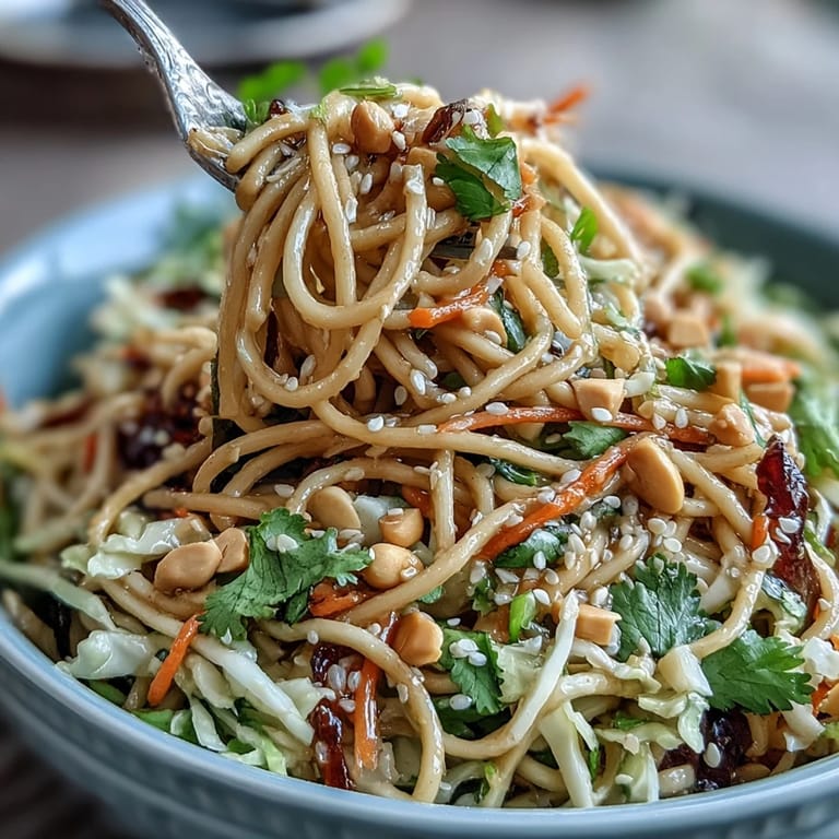 Fresh soba noodles tossed with crisp cabbage, carrots, and bell peppers, drizzled with savory-sweet peanut dressing.  