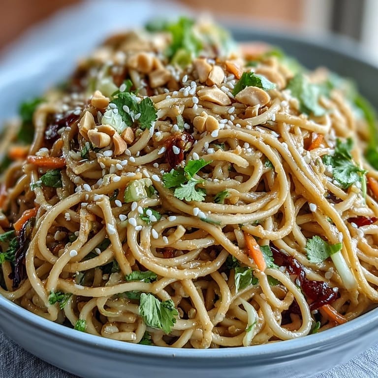 Vibrant Asian sesame noodle salad topped with roasted peanuts and cilantro, perfect for a light and healthy meal.